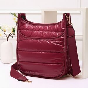 Burgundy Puffer Cross Body Bag Purse Womens Fashion Accessory Statement Quilted